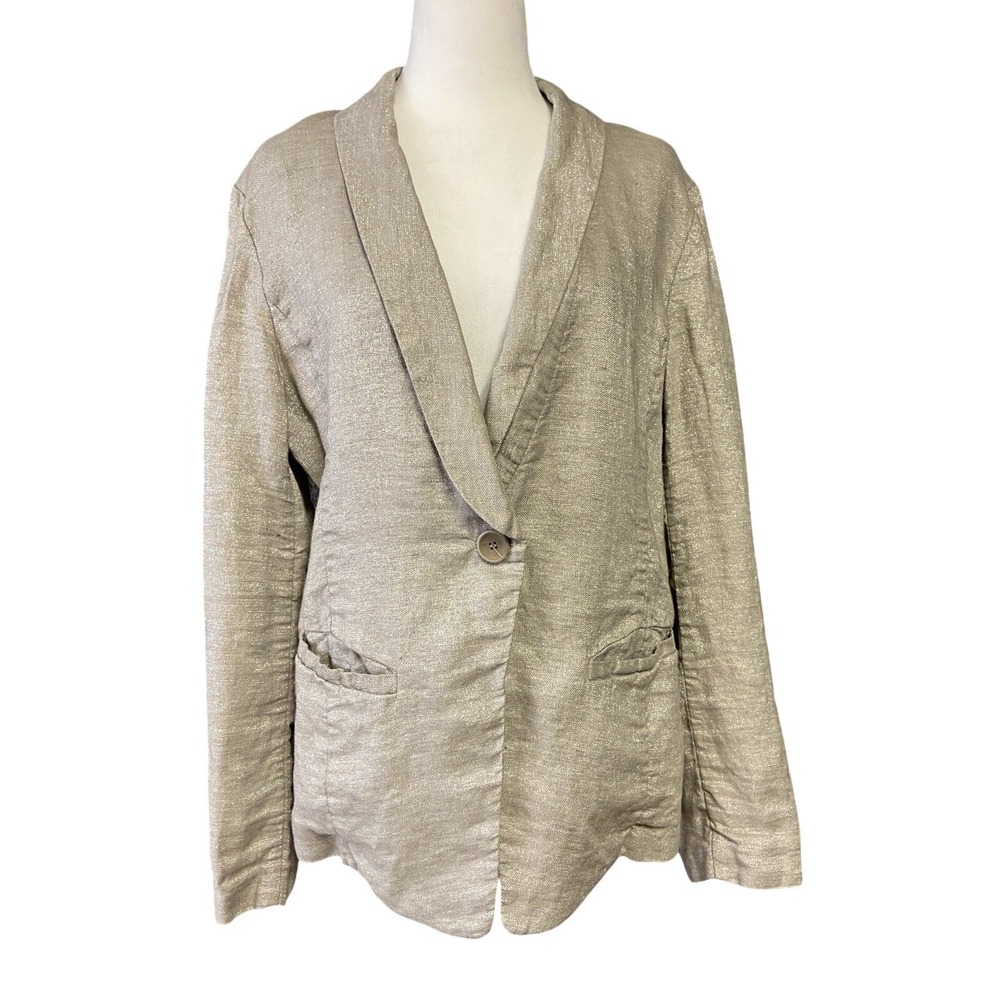 Eileen Fisher Blazer Womens M Beige Linen Shawl Collar One Button Jacket Unlined